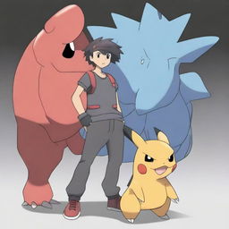 A dynamic digital art image depicts a unique Pokemon named Furyblade, a fighting type, standing beside its trainer, Ajax, a female gym leader