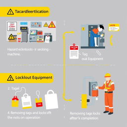 A detailed infographic illustrating the LOTO (Lockout/Tagout) procedure steps: 1