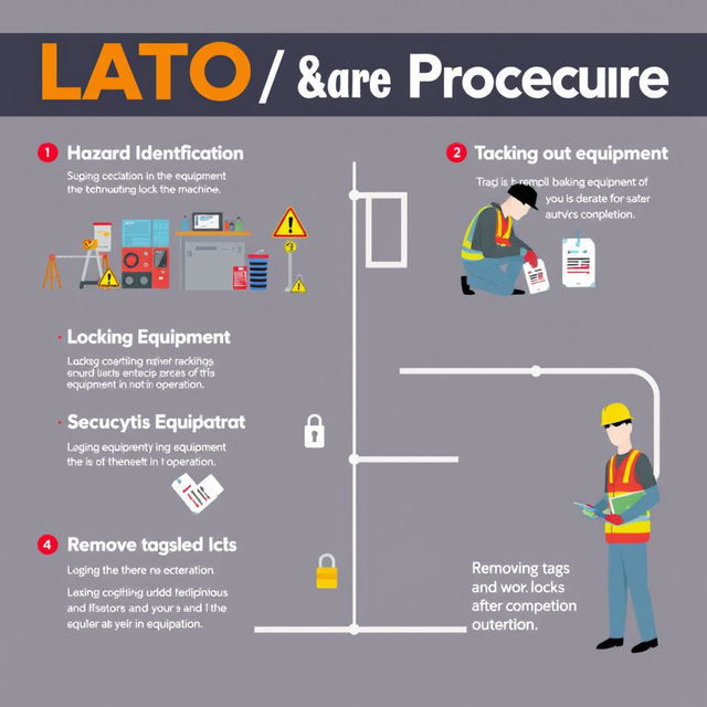 A detailed infographic illustrating the LOTO (Lockout/Tagout) procedure steps: 1