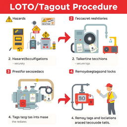 A detailed infographic illustrating the LOTO (Lockout/Tagout) procedure steps: 1