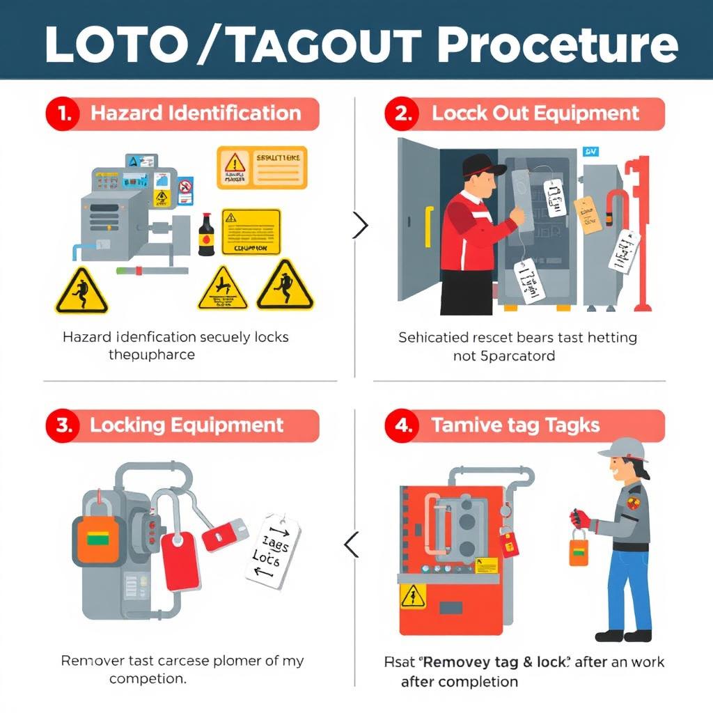 A detailed infographic illustrating the LOTO (Lockout/Tagout) procedure steps: 1