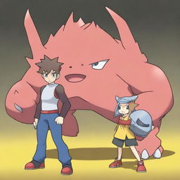 A dynamic digital art image depicts a unique Pokemon named Furyblade, a fighting type, standing beside its trainer, Ajax, a female gym leader