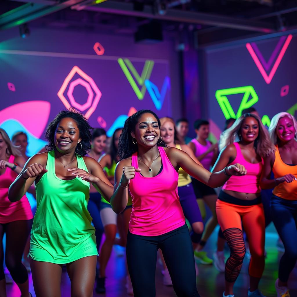 A vibrant and energetic scene of a group of adults joyfully participating in a Zumba dance class under neon lights