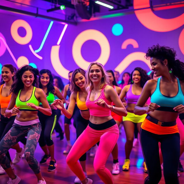 A vibrant and energetic scene of a group of adults joyfully participating in a Zumba dance class under neon lights