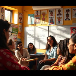 A captivating classroom setting with a diverse group of students actively engaging in a discussion about gender and development