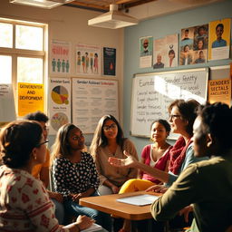 A captivating classroom setting with a diverse group of students actively engaging in a discussion about gender and development
