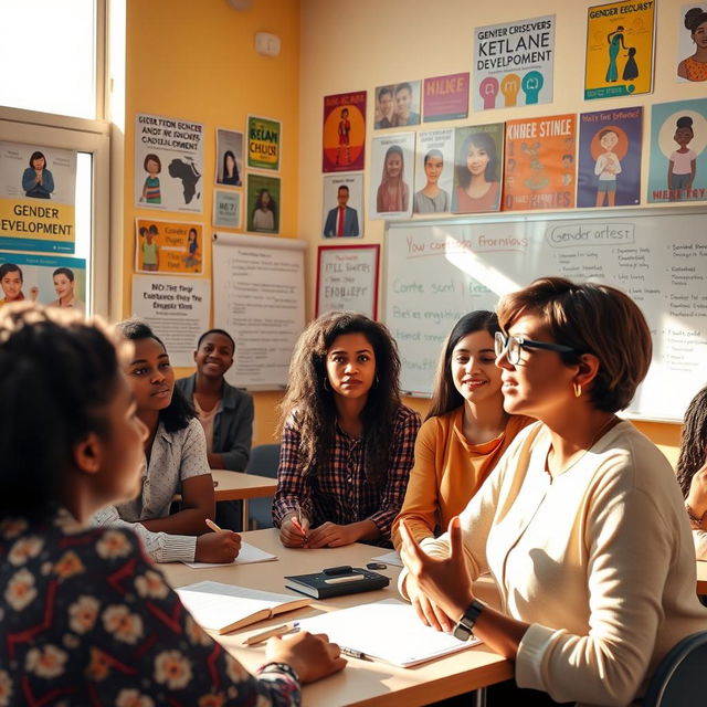 A captivating classroom setting with a diverse group of students actively engaging in a discussion about gender and development