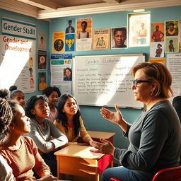 A captivating classroom setting with a diverse group of students actively engaging in a discussion about gender and development