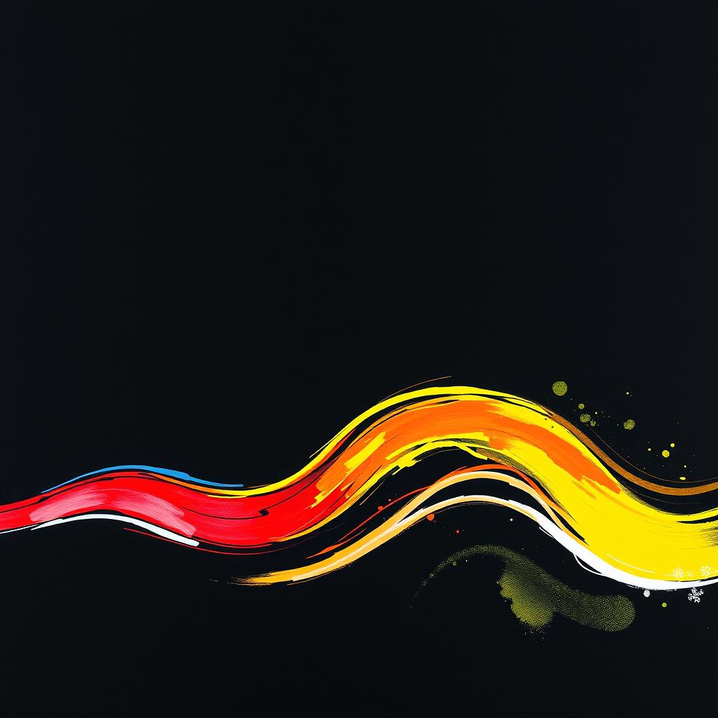 A striking black background featuring a simple wave design, showcasing a harmonious blend of colors from three sketch pans: vibrant red, deep blue, and bright yellow, accompanied by fresh green accents