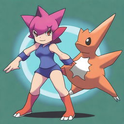 A striking digital art image presents a unique Pokemon named Furyblade, a fighting type, with its trainer, Ajax, a female gym leader