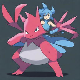 A striking digital art image presents a unique Pokemon named Furyblade, a fighting type, with its trainer, Ajax, a female gym leader