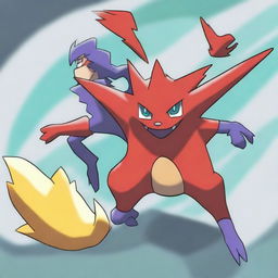 A striking digital art image presents a unique Pokemon named Furyblade, a fighting type, with its trainer, Ajax, a female gym leader