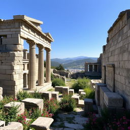 The majestic ruins of a Mycenaean palace, with grand stone walls and intricate carvings, surrounded by lush greenery and vibrant flowers
