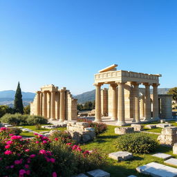 The majestic ruins of a Mycenaean palace, with grand stone walls and intricate carvings, surrounded by lush greenery and vibrant flowers
