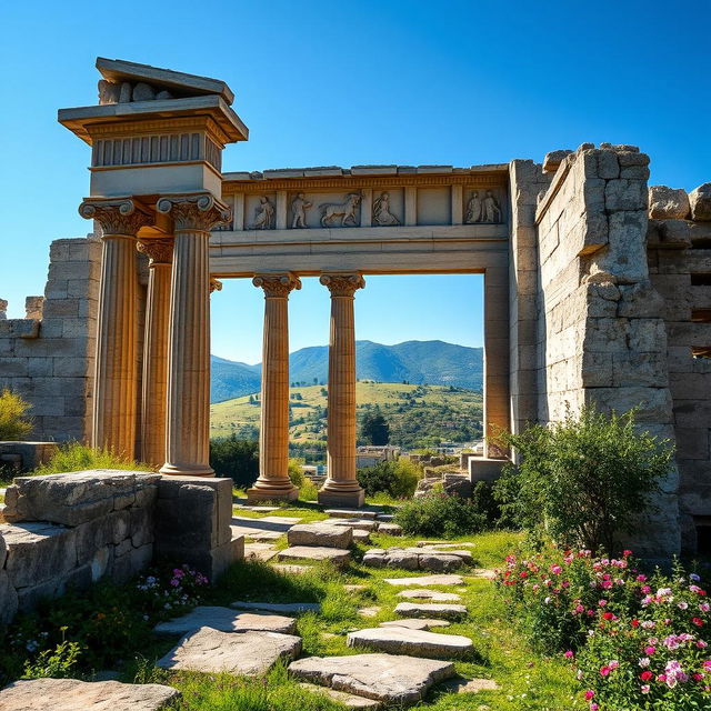 The majestic ruins of a Mycenaean palace, with grand stone walls and intricate carvings, surrounded by lush greenery and vibrant flowers