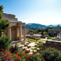 The majestic ruins of a Mycenaean palace, with grand stone walls and intricate carvings, surrounded by lush greenery and vibrant flowers