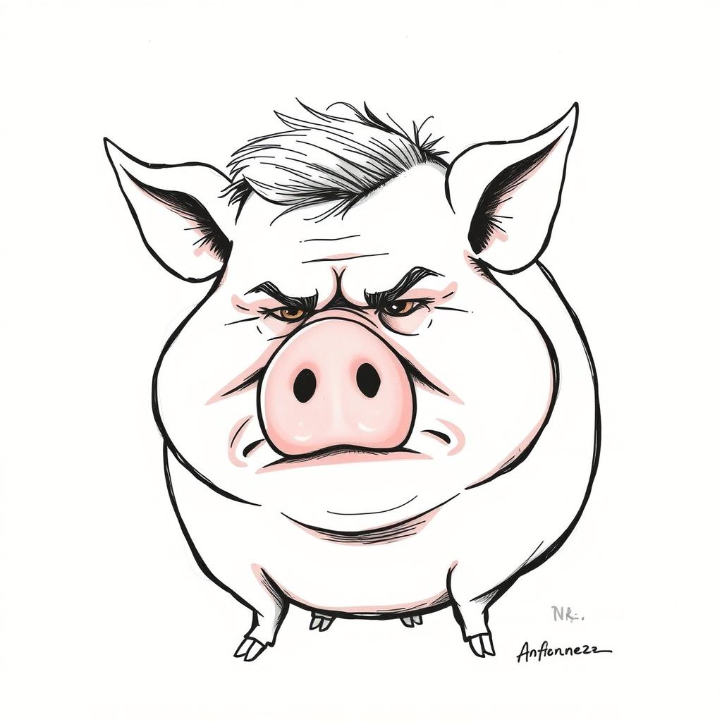 A caricature of a pig with facial features resembling Benjamin Netanyahu, including his distinct hairstyle and frowning expression, depicted in a humorous and exaggerated manner