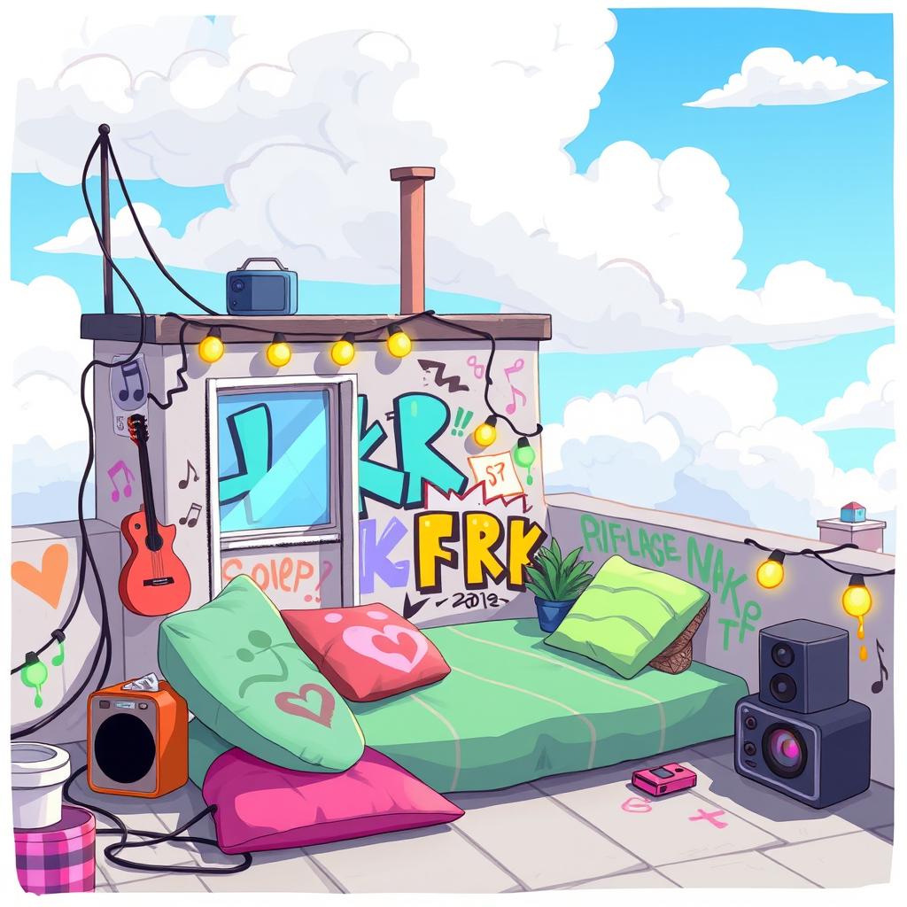 A 2D illustration of a rooftop belonging to a teenage emo rock fan, depicted in the vibrant and playful style of the game IncrediBox