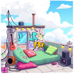 A 2D illustration of a rooftop belonging to a teenage emo rock fan, depicted in the vibrant and playful style of the game IncrediBox