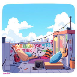 A 2D illustration of a rooftop belonging to a teenage emo rock fan, depicted in the vibrant and playful style of the game IncrediBox