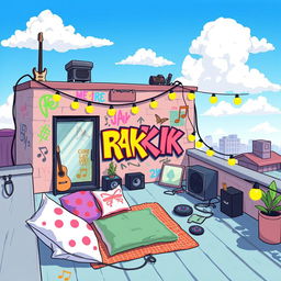 A 2D illustration of a rooftop belonging to a teenage emo rock fan, depicted in the vibrant and playful style of the game IncrediBox