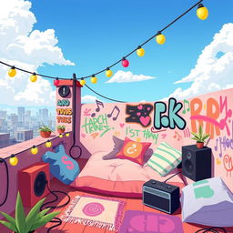 A 2D illustration of a rooftop belonging to a teenage emo rock fan, depicted in the vibrant and playful style of the game IncrediBox