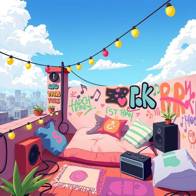 A 2D illustration of a rooftop belonging to a teenage emo rock fan, depicted in the vibrant and playful style of the game IncrediBox