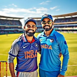 A realistic image featuring Indian cricketers Virat Kohli and Rohit Sharma standing together in one frame, showcasing their friendship and camaraderie on a cricket ground