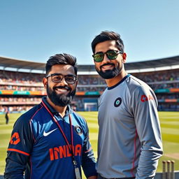 A realistic image featuring Indian cricketers Virat Kohli and Rohit Sharma standing together in one frame, showcasing their friendship and camaraderie on a cricket ground
