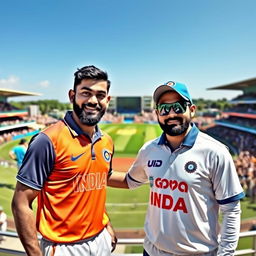 A realistic image featuring Indian cricketers Virat Kohli and Rohit Sharma standing together in one frame, showcasing their friendship and camaraderie on a cricket ground
