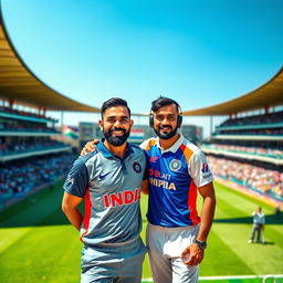 A realistic image featuring Indian cricketers Virat Kohli and Rohit Sharma standing together in one frame, showcasing their friendship and camaraderie on a cricket ground
