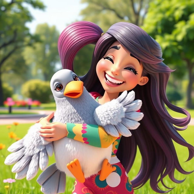 A 3D cartoon woman joyfully hugging a cute, oversized pigeon toy