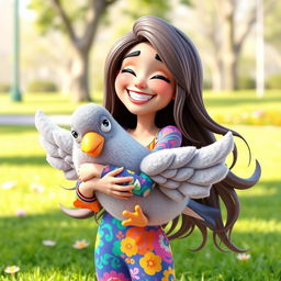 A 3D cartoon woman joyfully hugging a cute, oversized pigeon toy
