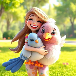 A 3D cartoon woman joyfully hugging a cute, oversized pigeon toy