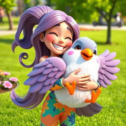 A 3D cartoon woman joyfully hugging a cute, oversized pigeon toy