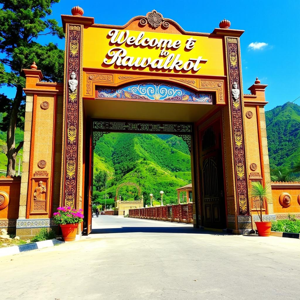 A beautifully designed entry gate that welcomes visitors to Rawalakot, adorned with traditional motifs and bright colors