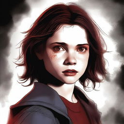 A high-quality digital art image captures a 16-year-old girl, the daughter of Sam Winchester and Ruby (portrayed by Genevieve)