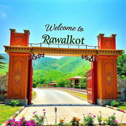 A beautifully designed entry gate that welcomes visitors to Rawalakot, adorned with traditional motifs and bright colors