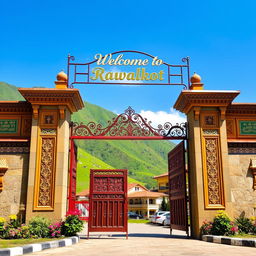 A beautifully designed entry gate that welcomes visitors to Rawalakot, adorned with traditional motifs and bright colors