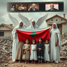 A poignant scene depicting Lebanese civilians standing together with the Lebanese flag, including children and women