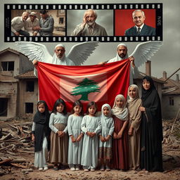 A poignant scene depicting Lebanese civilians standing together with the Lebanese flag, including children and women