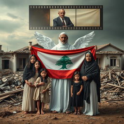 A poignant scene depicting Lebanese civilians standing together with the Lebanese flag, including children and women