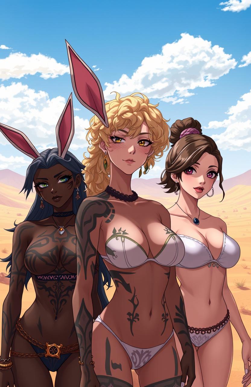 An anime style scene featuring three absolutely stunning shemale characters in a vibrant desert setting