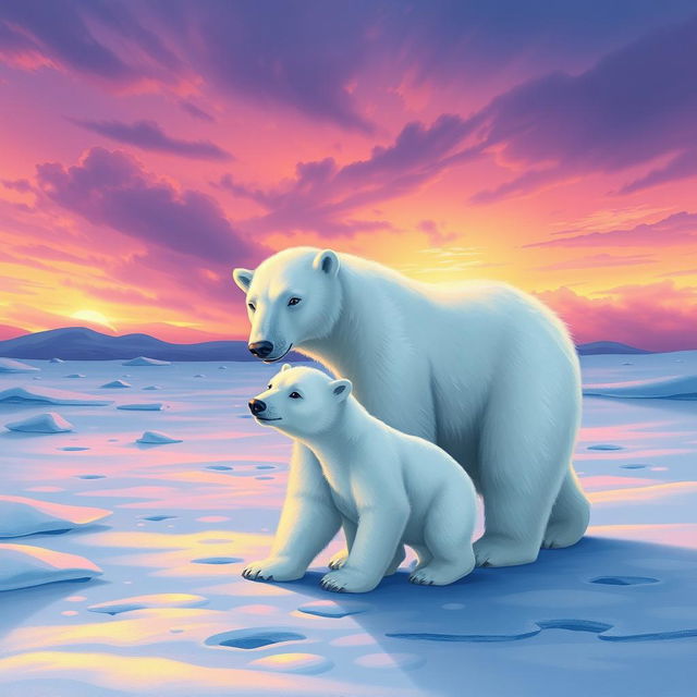 A beautiful winter scene featuring a family of three polar bears: a mother bear, a father bear, and a playful baby bear