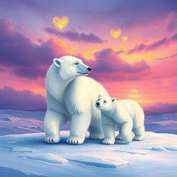 A beautiful winter scene featuring a family of three polar bears: a mother bear, a father bear, and a playful baby bear