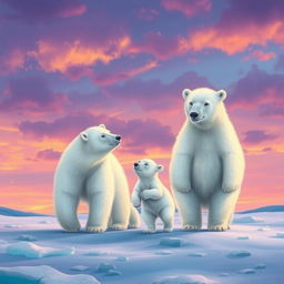 A beautiful winter scene featuring a family of three polar bears: a mother bear, a father bear, and a playful baby bear