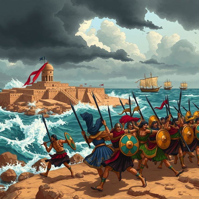 An artistic depiction of the Sea Peoples attacking, showcasing a dramatic scene of chaos and battle on the shores of ancient Egypt