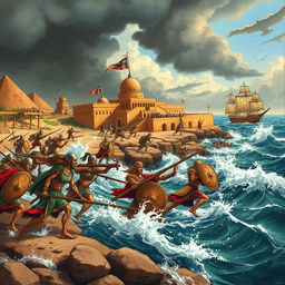 An artistic depiction of the Sea Peoples attacking, showcasing a dramatic scene of chaos and battle on the shores of ancient Egypt