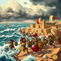 An artistic depiction of the Sea Peoples attacking, showcasing a dramatic scene of chaos and battle on the shores of ancient Egypt