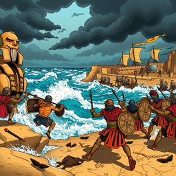 An artistic depiction of the Sea Peoples attacking, showcasing a dramatic scene of chaos and battle on the shores of ancient Egypt